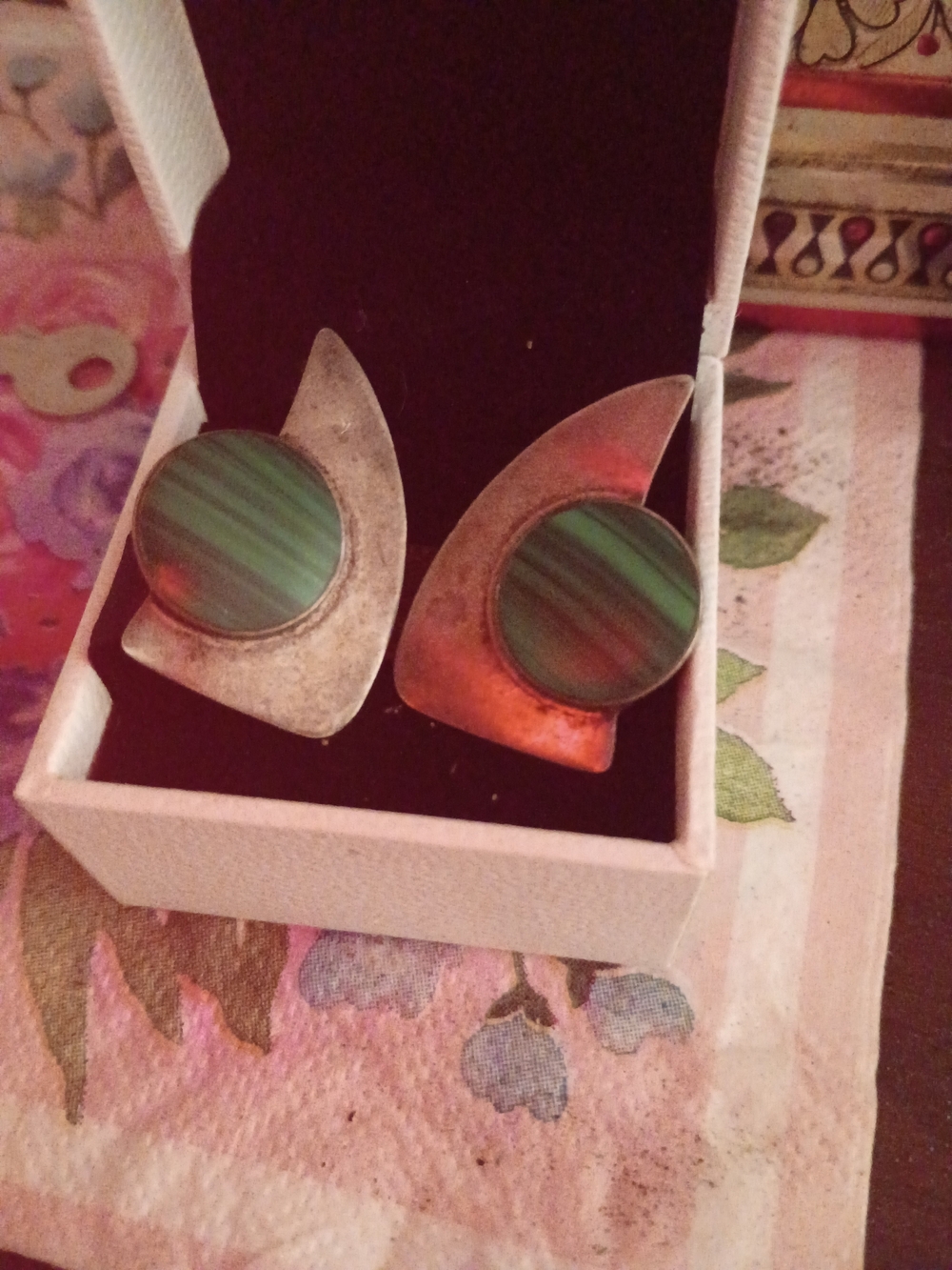 Vintage Green Striped Stone Silver-Tone Clip Earrings